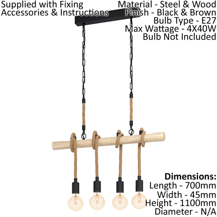 Hanging Ceiling Pendant Light Black & Wood / Rope 4x E27 Kitchen Island Lamp Loops