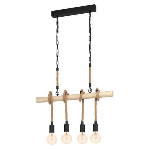 Hanging Ceiling Pendant Light Black & Wood / Rope 4x E27 Kitchen Island Lamp Loops