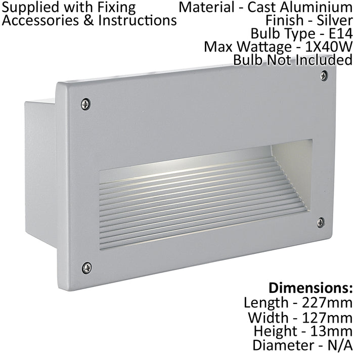 IP44 Recessed Outdoor Wall Light Silver Cast Aluminium 1 x 40W E14 Bulb Loops