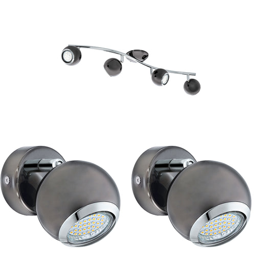 Quad Ceiling Spot Light & 2x Matching Wall Lights Black Nickel Adjustable Shade Loops