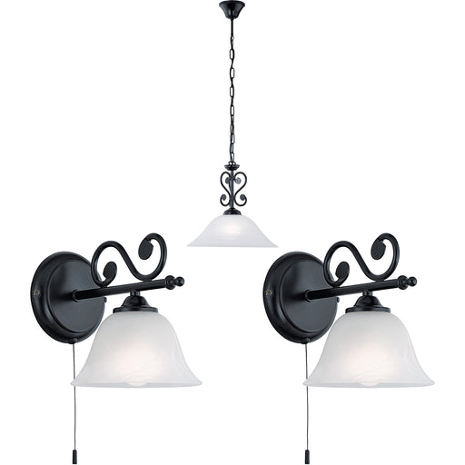 Ceiling Pendant Light & 2x Matching Wall Lights Black & Alabaster Glass Shade Loops