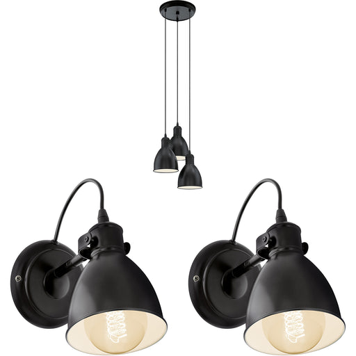 Ceiling Pendant Light & 2x Matching Wall Lights Black Multi Lamp Hanging Shade Loops