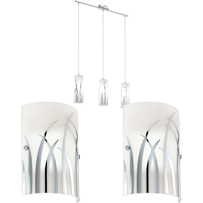 Ceiling Pendant Light & 2x Matching Wall Lights Chrome & Pattern Glass Shade Loops
