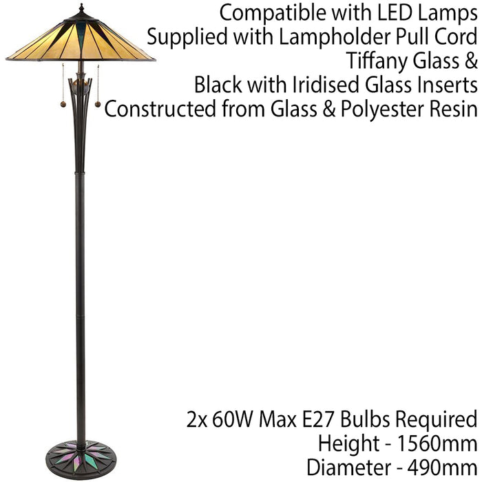 1.5m Tiffany Twin Floor Lamp Black & Multi Colour Stained Glass Shade i00009 Loops