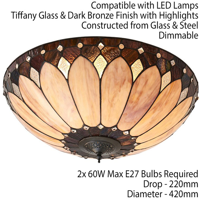 Tiffany Glass Semi Flush Ceiling Light Cream Bronze Round Inverted Shade i00036 Loops