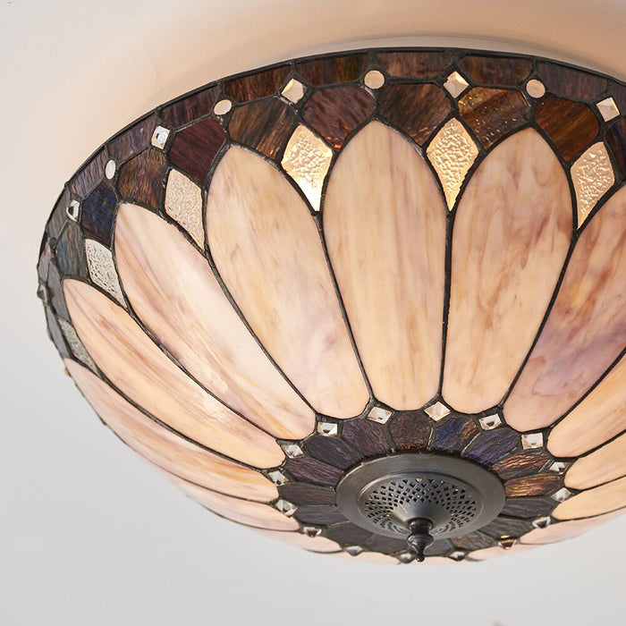 Tiffany Glass Semi Flush Ceiling Light Cream Bronze Round Inverted Shade i00036 Loops