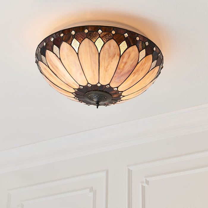 Tiffany Glass Semi Flush Ceiling Light Cream Bronze Round Inverted Shade i00036 Loops