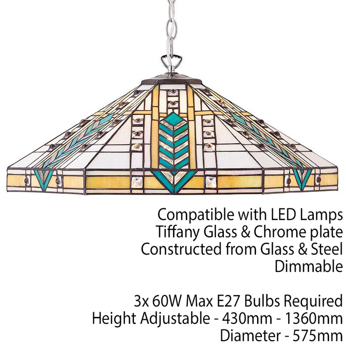 Tiffany Glass Hanging Ceiling Pendant Light Chrome Art Deco Large Shade i00134 Loops