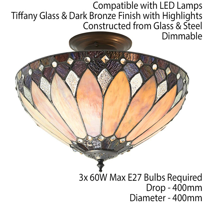 Tiffany Glass Semi Flush Ceiling Light Cream Bronze Round Inverted Shade i00158 Loops