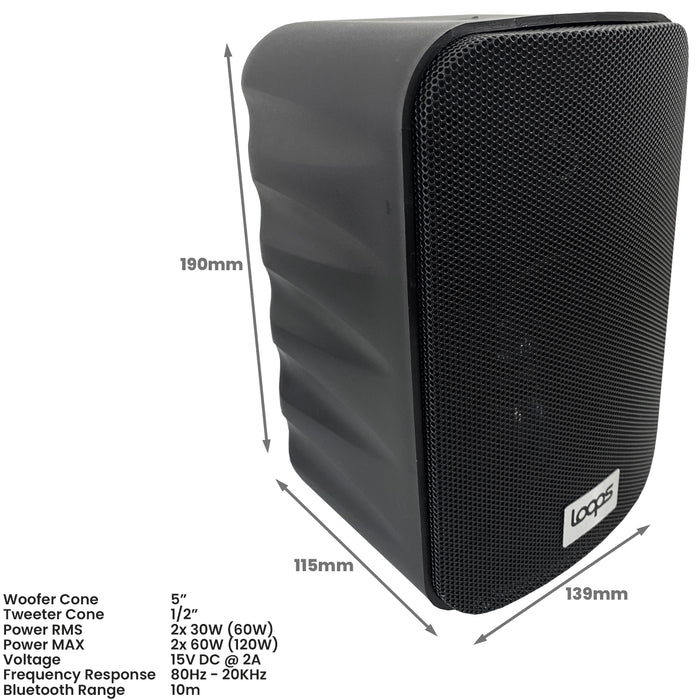 120W Active Bluetooth Wall Speakers – 5” Black Stereo Wireless Music Streaming