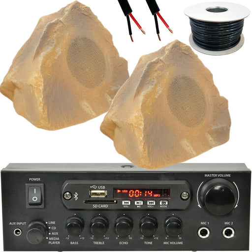 Bluetooth Garden Speaker Kit -2 Outdoor Rock Stone Speakers-110W HiFi Stereo Amp