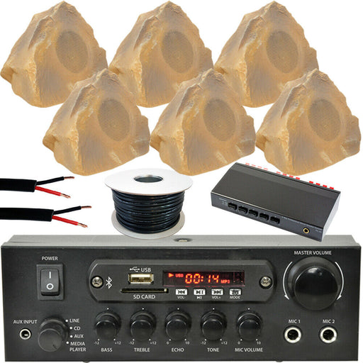 3 Zone Outdoor Bluetooth Kit - 6x Garden Rock Stone Speaker - Stereo HiFi Music Amp