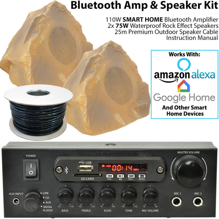 Bluetooth Garden Speaker Kit -2 Outdoor Rock Stone Speakers-110W HiFi Stereo Amp