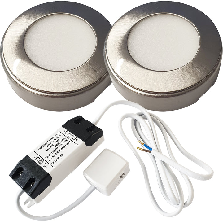 2x BRUSHED NICKEL Round Surface or Flush Under Cabinet Kitchen Light & Driver Kit - Natural White LED - LoopsDirect