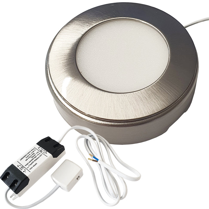 2x BRUSHED NICKEL Round Surface or Flush Under Cabinet Kitchen Light & Driver Kit - Natural White LED
