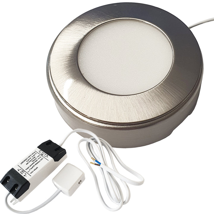 1x BRUSHED NICKEL Round Surface or Flush Under Cabinet Kitchen Light & Driver Kit - Natural White LED - LoopsDirect