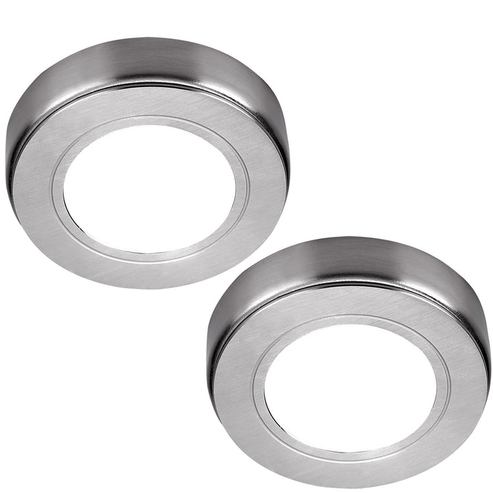 2x BRUSHED NICKEL Round Surface or Flush Under Cabinet Kitchen Light Kit - 240V Mains Powered - Natural White LED - LoopsDirect