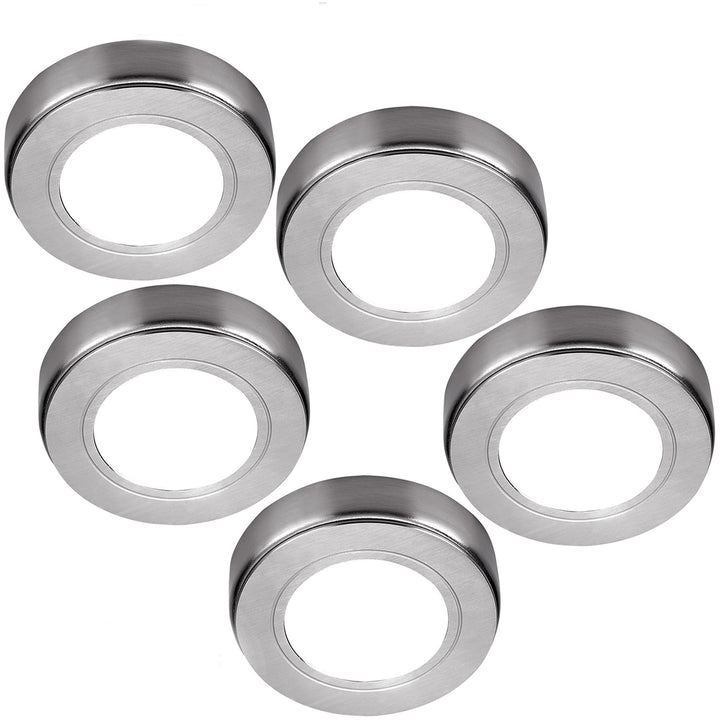5x BRUSHED NICKEL Round Surface or Flush Under Cabinet Kitchen Light Kit - 240V Mains Powered - Natural White LED - LoopsDirect