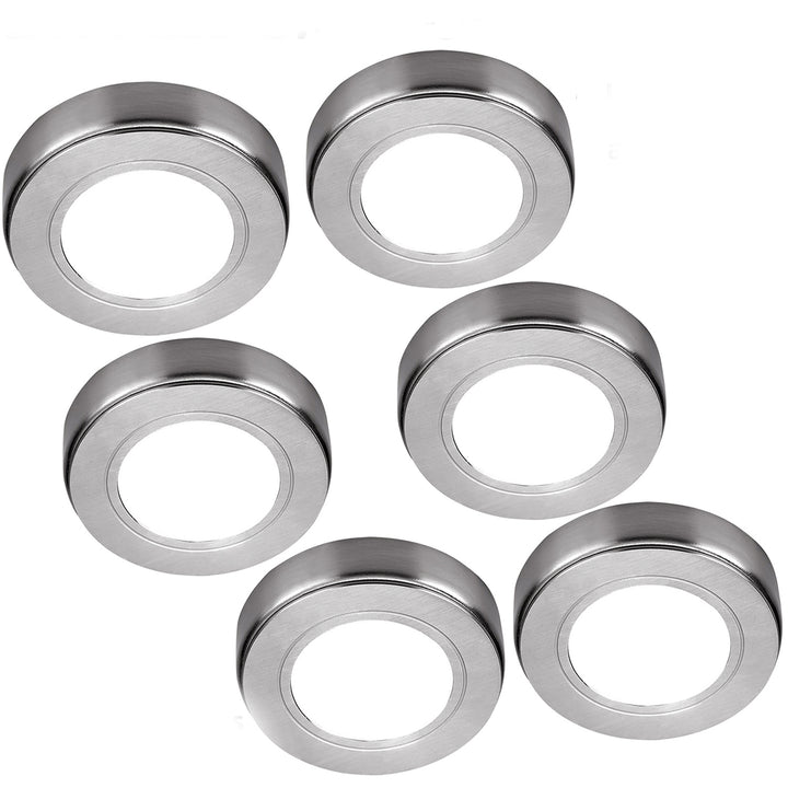 6x BRUSHED NICKEL Round Surface or Flush Under Cabinet Kitchen Light Kit - 240V Mains Powered - Natural White LED - LoopsDirect