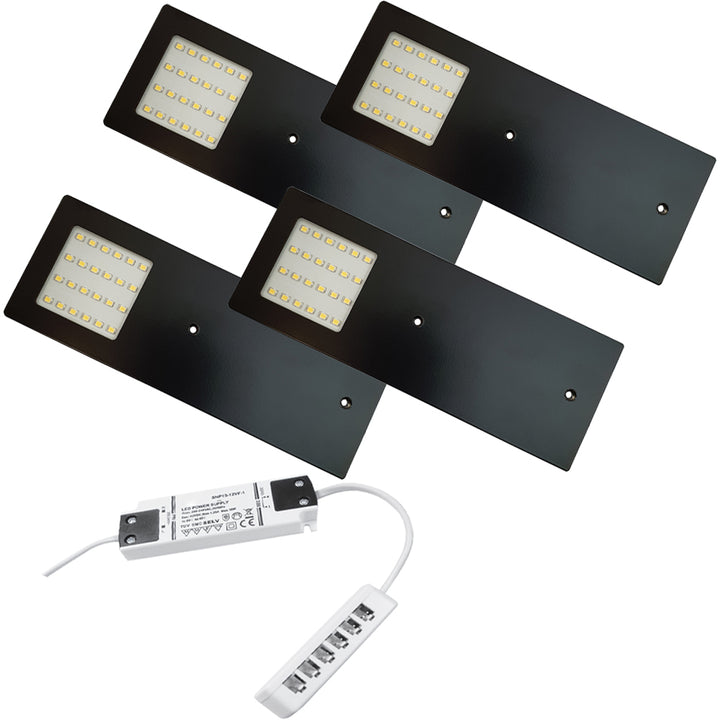 4x MATT BLACK Ultra-Slim Rectangle Under Cabinet Kitchen Light & Driver Kit - Natural White LED - LoopsDirect