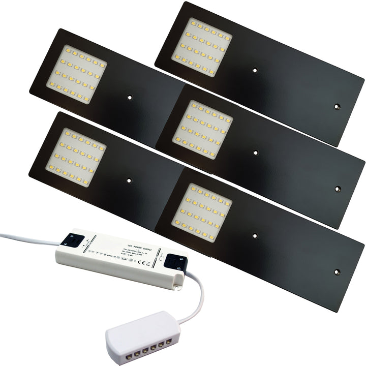 5x MATT BLACK Ultra-Slim Rectangle Under Cabinet Kitchen Light & Driver Kit - Natural White LED - LoopsDirect