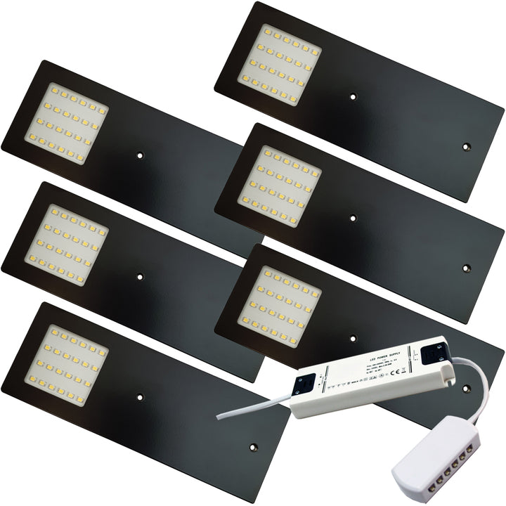 6x MATT BLACK Ultra-Slim Rectangle Under Cabinet Kitchen Light & Driver Kit - Natural White LED - LoopsDirect