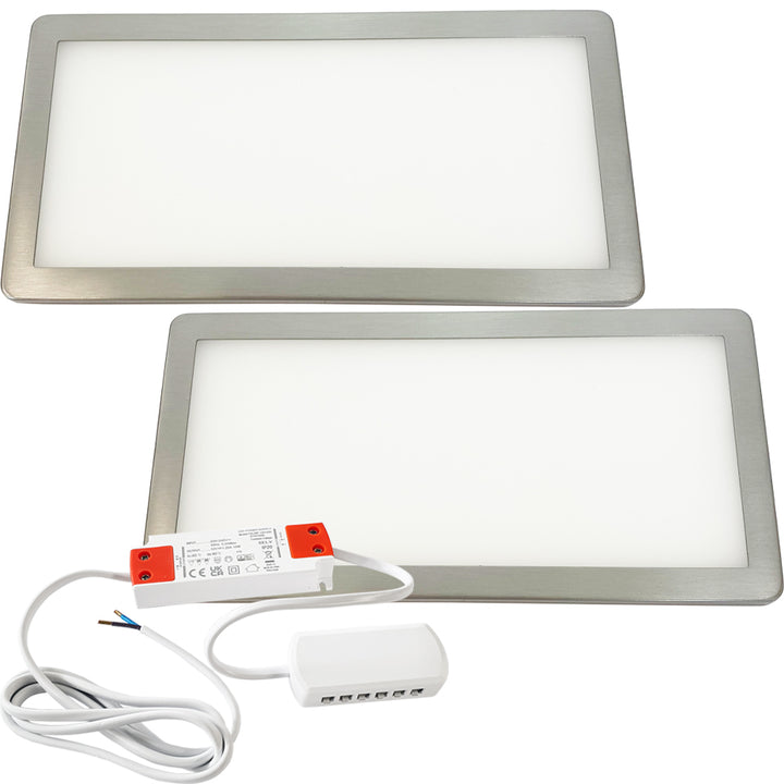 2x BRUSHED NICKEL Ultra-Slim Rectangle Under Cabinet Kitchen Light & Driver Kit - Warm White Diffused LED - LoopsDirect