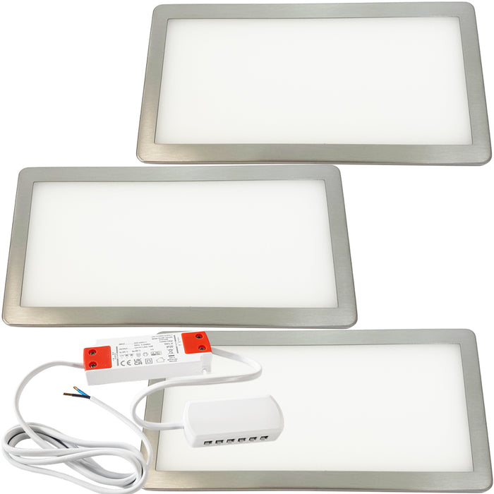 3x BRUSHED NICKEL Ultra-Slim Rectangle Under Cabinet Kitchen Light & Driver Kit - Warm White Diffused LED