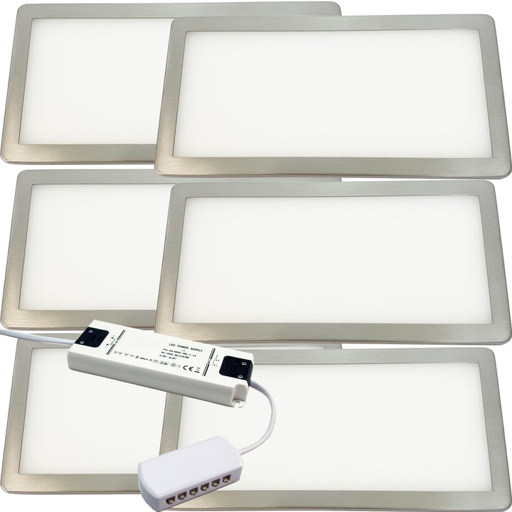 6x BRUSHED NICKEL Ultra-Slim Rectangle Under Cabinet Kitchen Light & Driver Kit - Warm White Diffused LED - LoopsDirect
