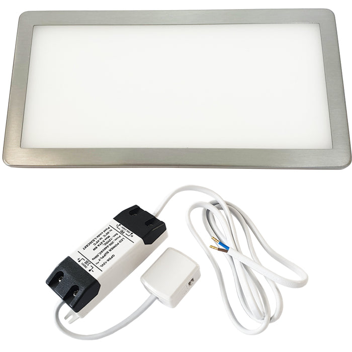 1x BRUSHED NICKEL Ultra-Slim Rectangle Under Cabinet Kitchen Light & Driver Kit - Natural White Diffused LED