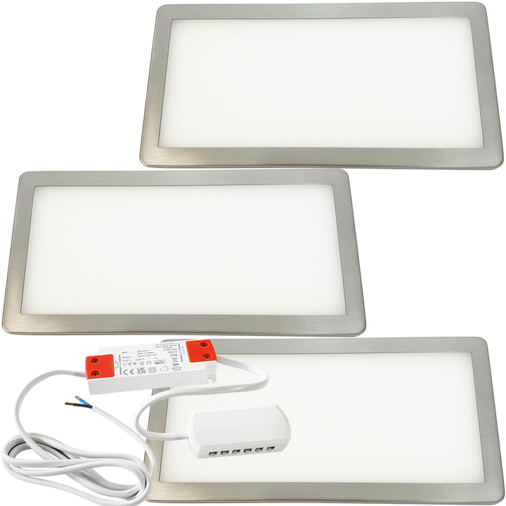3x BRUSHED NICKEL Ultra-Slim Rectangle Under Cabinet Kitchen Light & Driver Kit - Natural White Diffused LED - LoopsDirect