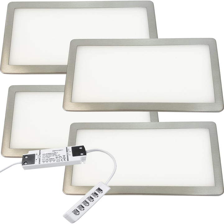 4x BRUSHED NICKEL Ultra-Slim Rectangle Under Cabinet Kitchen Light & Driver Kit - Natural White Diffused LED - LoopsDirect