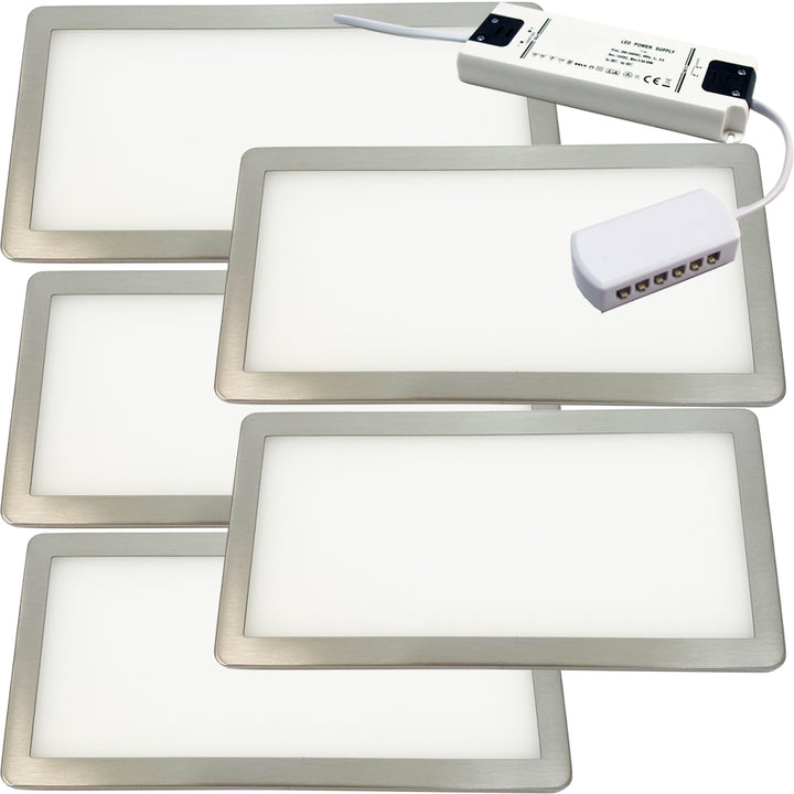 5x BRUSHED NICKEL Ultra-Slim Rectangle Under Cabinet Kitchen Light & Driver Kit - Natural White Diffused LED - LoopsDirect