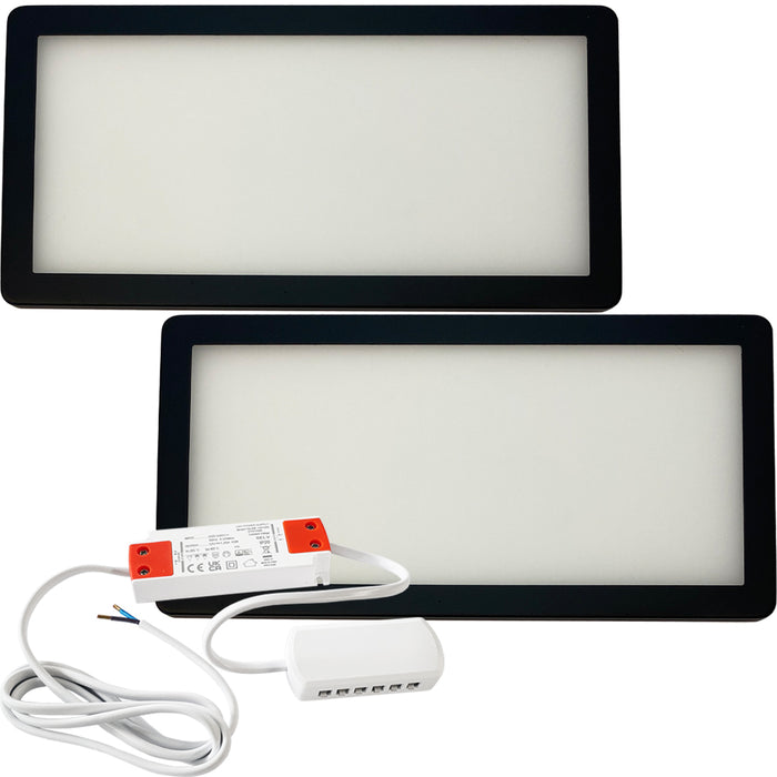 2x MATT BLACK Ultra-Slim Rectangle Under Cabinet Kitchen Light & Driver Kit - Warm White Diffused LED