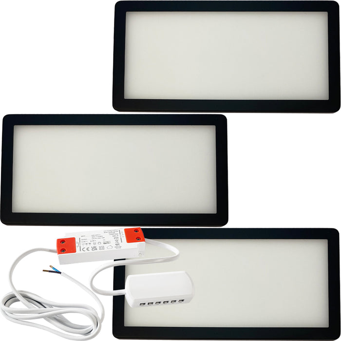 3x MATT BLACK Ultra-Slim Rectangle Under Cabinet Kitchen Light & Driver Kit - Warm White Diffused LED