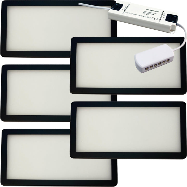 5x MATT BLACK Ultra-Slim Rectangle Under Cabinet Kitchen Light & Driver Kit - Warm White Diffused LED - LoopsDirect