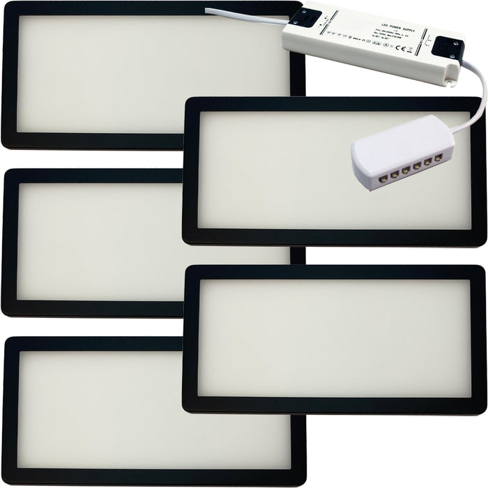 5x MATT BLACK Ultra-Slim Rectangle Under Cabinet Kitchen Light & Driver Kit - Warm White Diffused LED