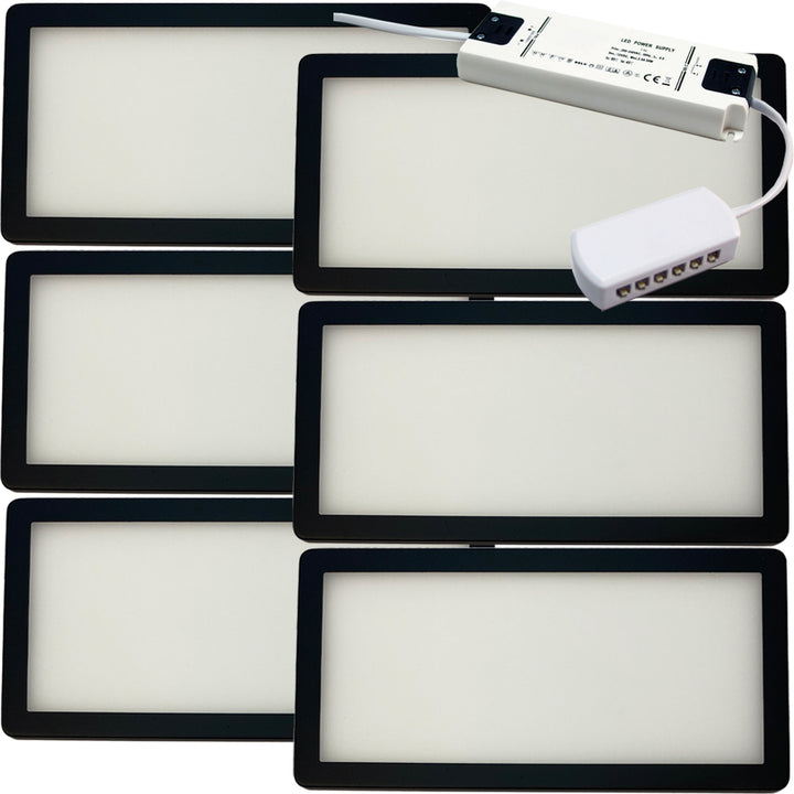 6x MATT BLACK Ultra-Slim Rectangle Under Cabinet Kitchen Light & Driver Kit - Warm White Diffused LED - LoopsDirect