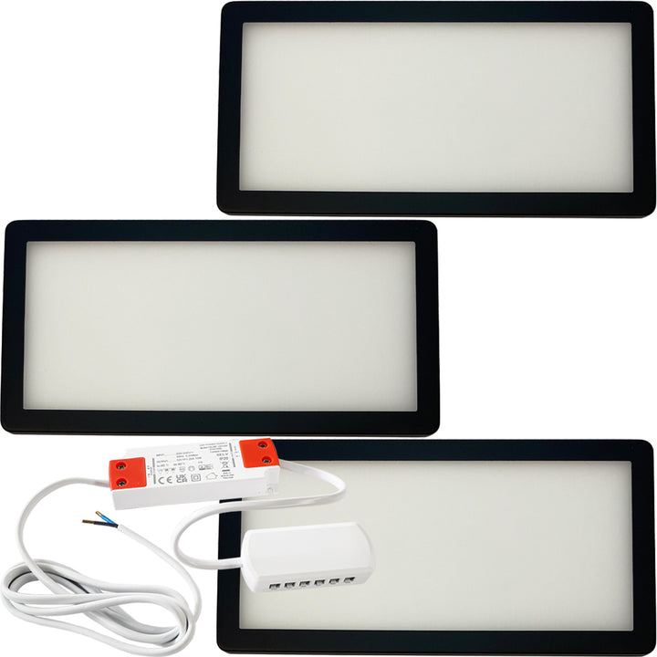 3x MATT BLACK Ultra-Slim Rectangle Under Cabinet Kitchen Light & Driver Kit - Natural White Diffused LED - LoopsDirect