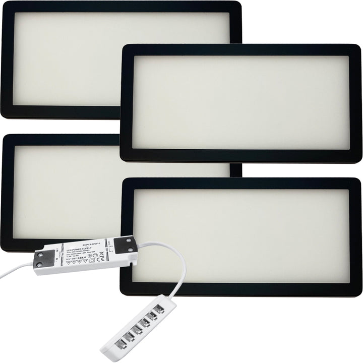 4x MATT BLACK Ultra-Slim Rectangle Under Cabinet Kitchen Light & Driver Kit - Natural White Diffused LED - LoopsDirect