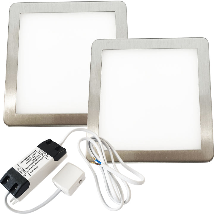 2x BRUSHED NICKEL Ultra-Slim Square Under Cabinet Kitchen Light & Driver Kit - Natural White Diffused LED - LoopsDirect