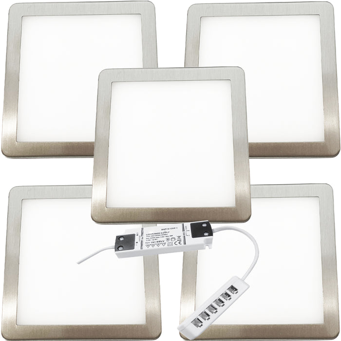5x BRUSHED NICKEL Ultra-Slim Square Under Cabinet Kitchen Light & Driver Kit - Natural White Diffused LED