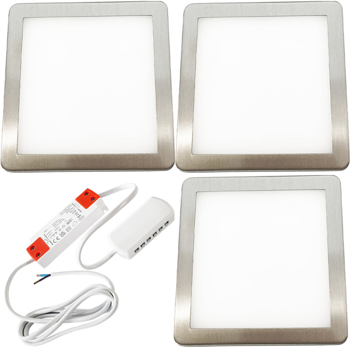3x BRUSHED NICKEL Ultra-Slim Square Under Cabinet Kitchen Light & Driver Kit - Warm White Diffused LED - LoopsDirect