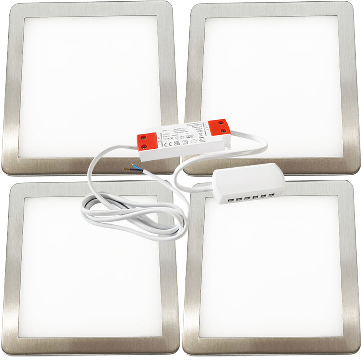 4x BRUSHED NICKEL Ultra-Slim Square Under Cabinet Kitchen Light & Driver Kit - Warm White Diffused LED - LoopsDirect