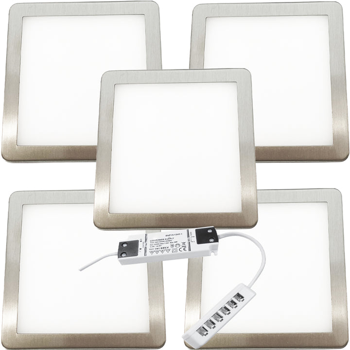 5x BRUSHED NICKEL Ultra-Slim Square Under Cabinet Kitchen Light & Driver Kit - Warm White Diffused LED - LoopsDirect