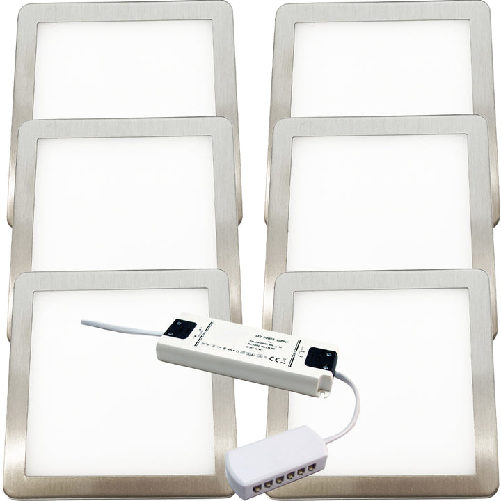 6x BRUSHED NICKEL Ultra-Slim Square Under Cabinet Kitchen Light & Driver Kit - Warm White Diffused LED - LoopsDirect