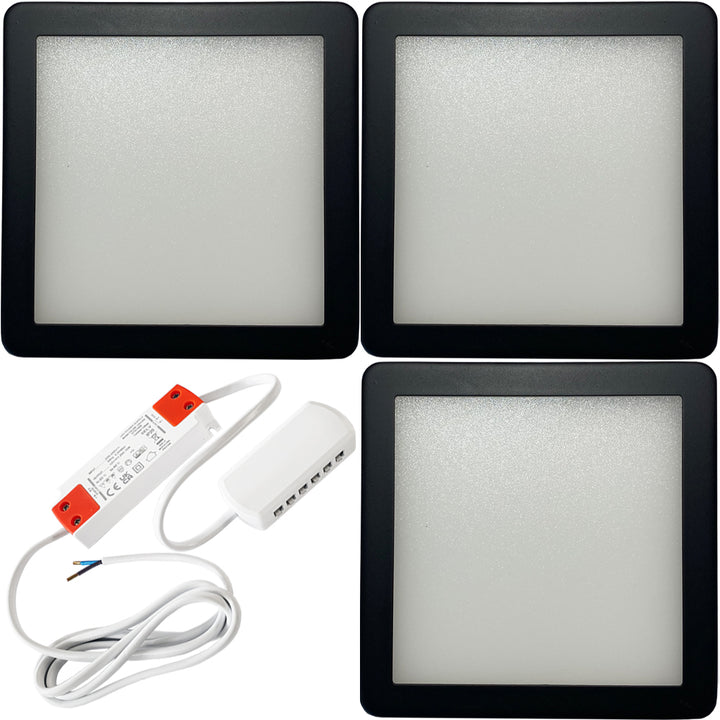3x MATT BLACK Ultra-Slim Square Under Cabinet Kitchen Light & Driver Kit - Natural White Diffused LED - LoopsDirect