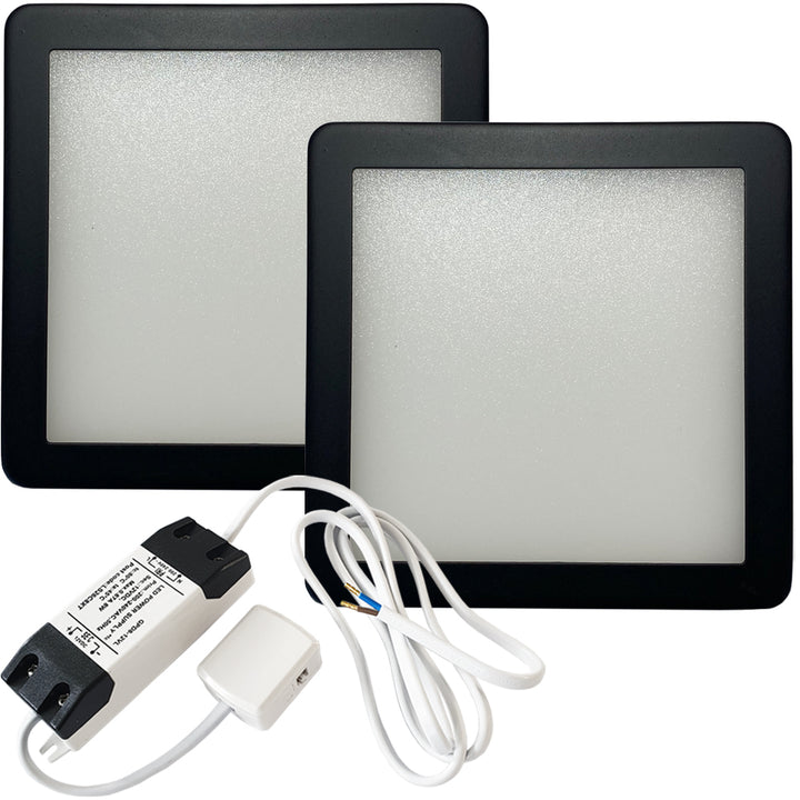 2x MATT BLACK Ultra-Slim Square Under Cabinet Kitchen Light & Driver Kit - Warm White Diffused LED - LoopsDirect