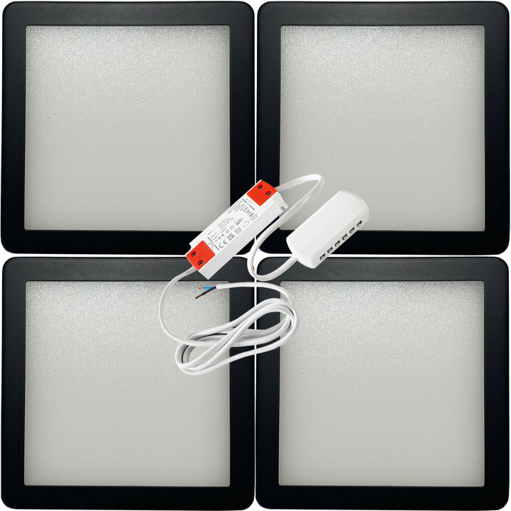 4x MATT BLACK Ultra-Slim Square Under Cabinet Kitchen Light & Driver Kit - Warm White Diffused LED - LoopsDirect