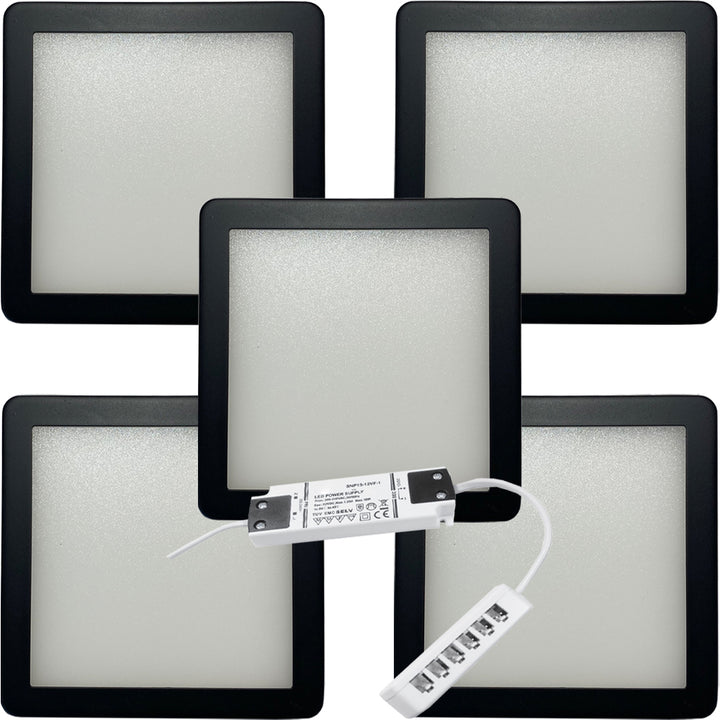 5x MATT BLACK Ultra-Slim Square Under Cabinet Kitchen Light & Driver Kit - Warm White Diffused LED - LoopsDirect